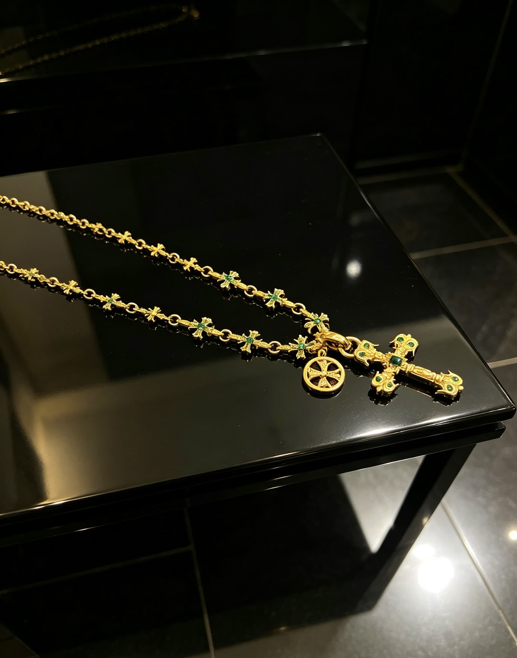 Chrome Hearts Gold Cross Pendant Necklace with Emerald Accents